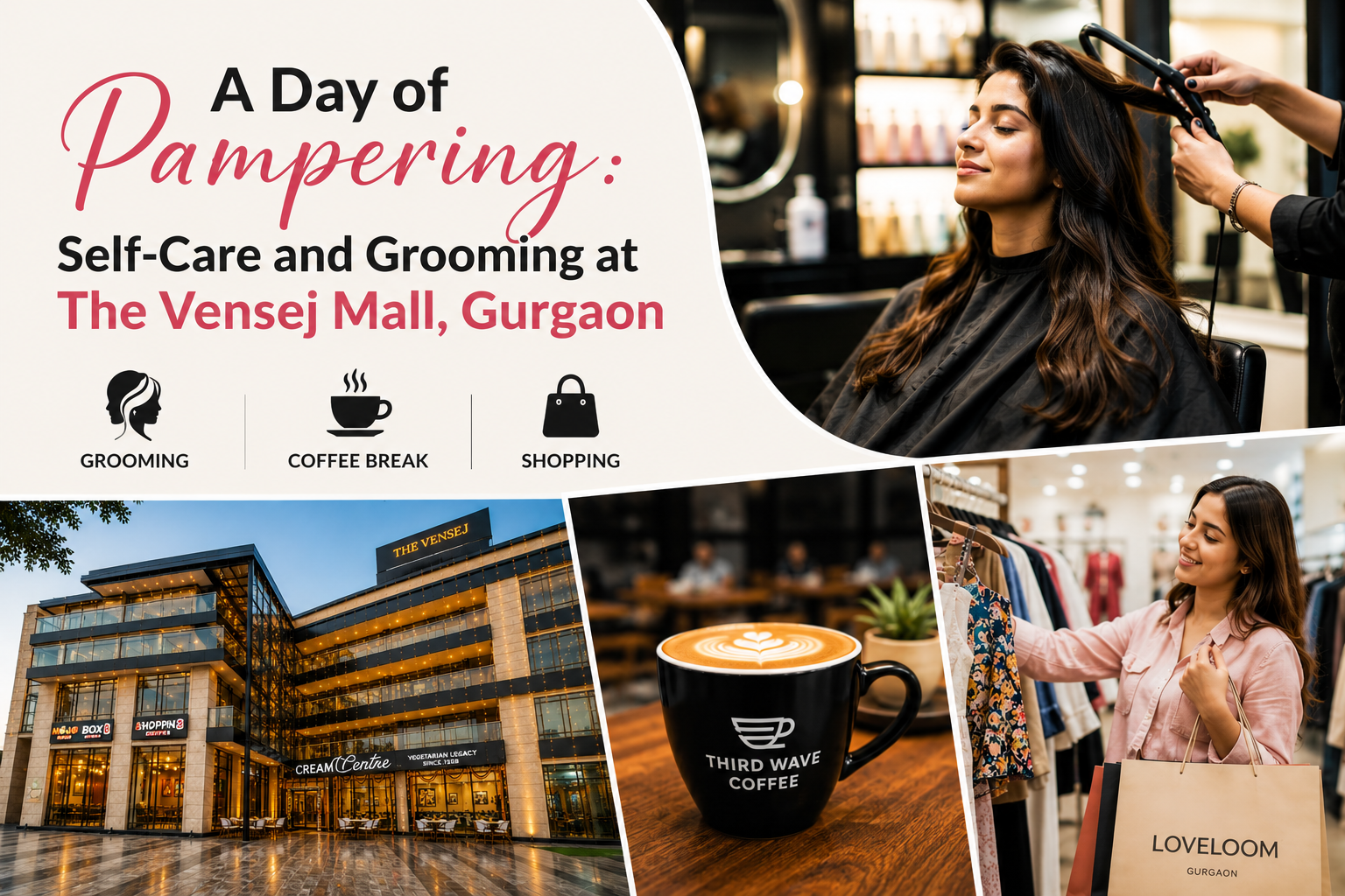 Woman enjoying a hair styling session at Geetanjali Studio on Golf Course Extension Road, Gurgaon, with shopping, coffee, and self-care experiences showcased at The Vensej Mall.