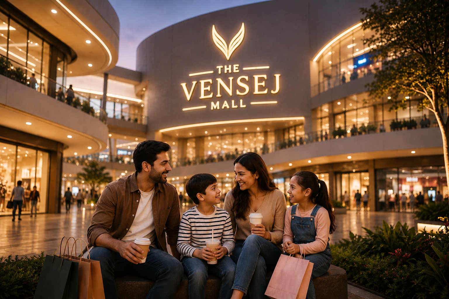 A happy family enjoying an evening outing at The Vensej Mall Gurgaon, surrounded by warm lights, modern architecture, shopping spaces, and a welcoming family-friendly atmosphere.
