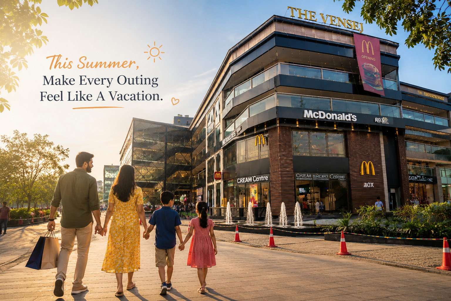 Family walking towards The Vensej Mall Gurgaon during summer, enjoying shopping, dining, and a family-friendly atmosphere at Gurgaon’s popular lifestyle destination.