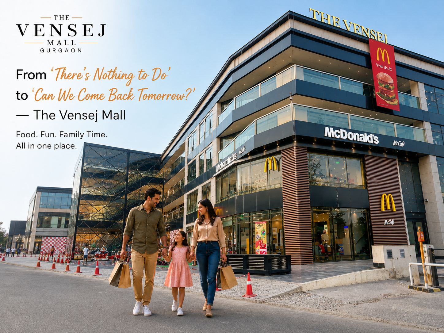 Family walking outside The Vensej Mall in Gurgaon featuring McDonald’s, spacious open plaza, and a modern kids-friendly shopping environment for food, fun, and family time.