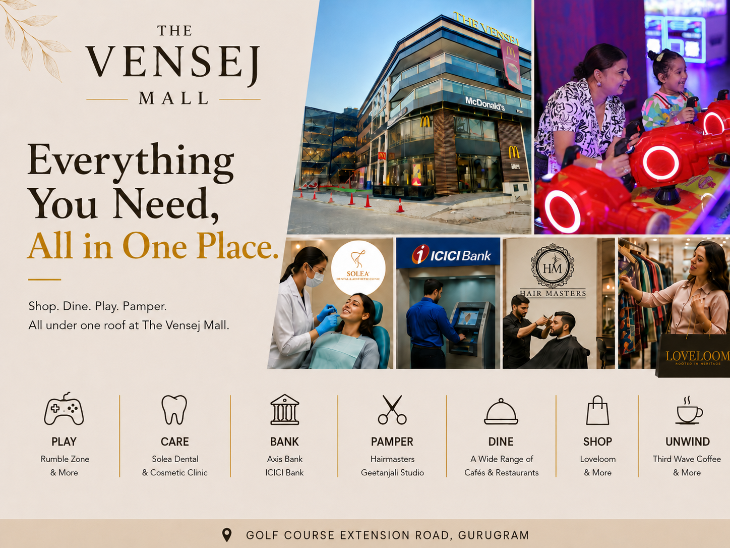 **Alt Text:** Families enjoying gaming, dining, shopping, salons, and daily conveniences at The Vensej Mall, the best mall in Gurugram on Golf Course Extension Road.