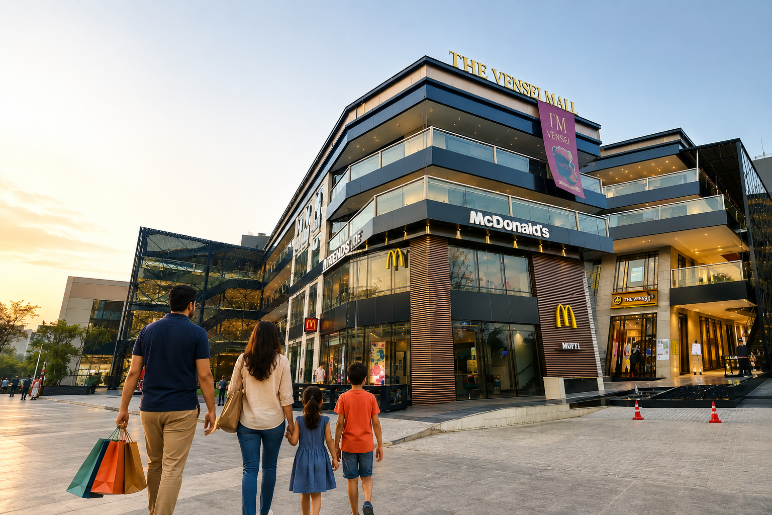 Kids-friendly mall in Gurgaon featuring families enjoying shopping, dining, and entertainment at The Vensej Mall during summer holidays.