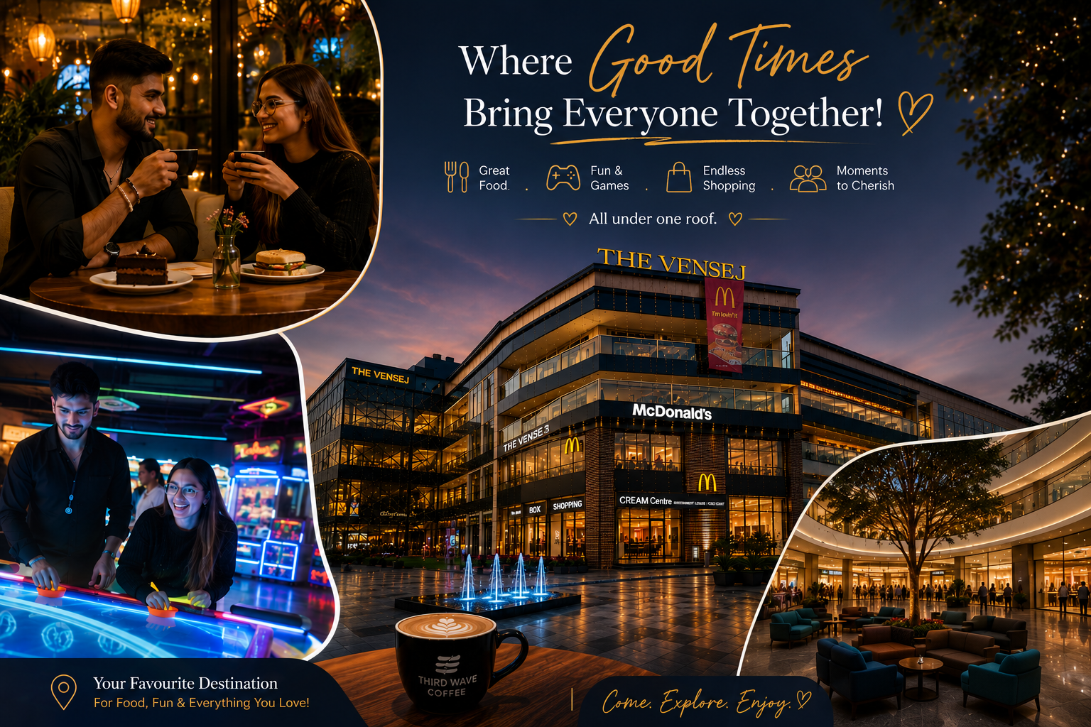 Families enjoying dining, gaming, shopping, and entertainment at The Vensej Mall Gurgaon, the Best mall in Gurgaon for families on Golf Course Extension Road.